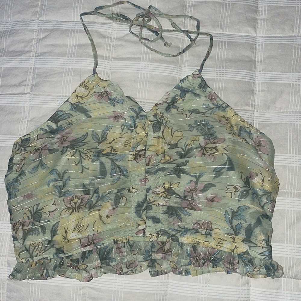 Floral Halter Neck Crop Top - Yellow and Green